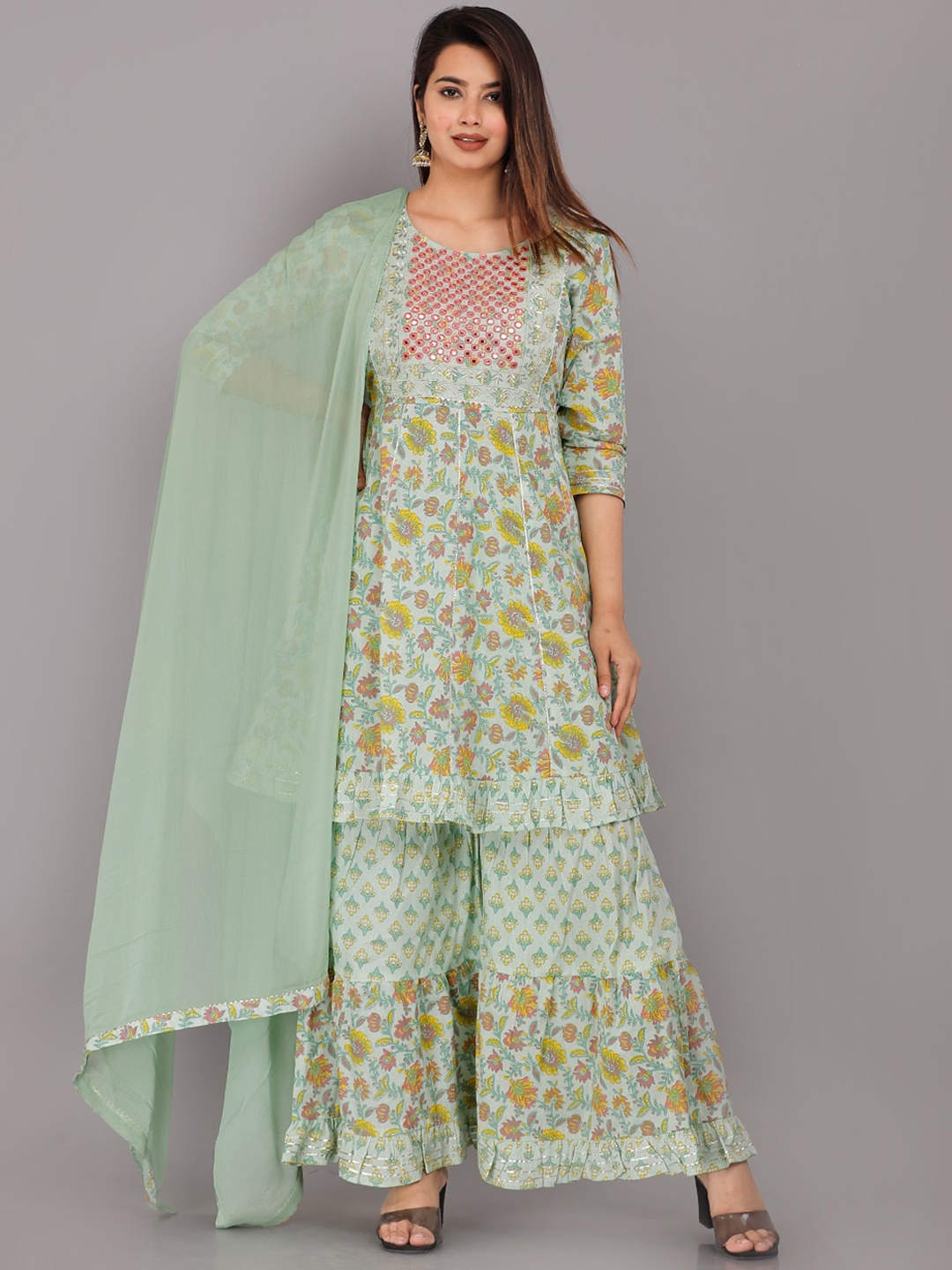 KALINI Floral Printed Mirror Work A-Line Pure Cotton Kurti with Sharara & Dupatta, Green
KALINI Floral Printed Mirror Work A-Line Pure Cotton Kurti with Sharara & Dupatta, Green