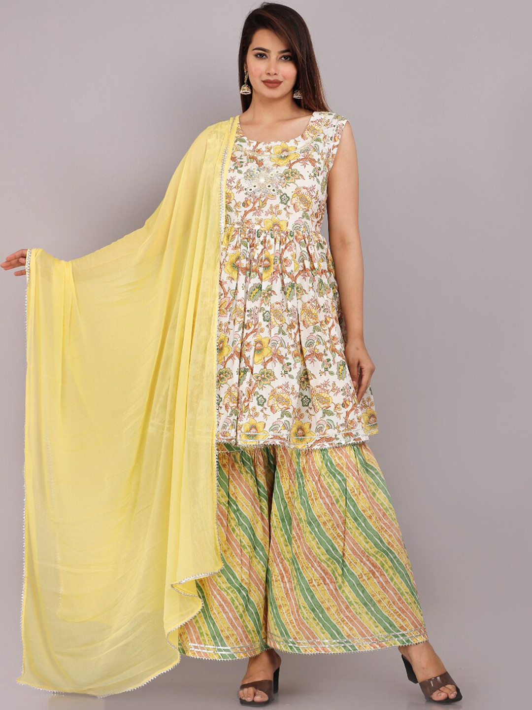 KALINI Floral Printed Mirror Work Pure Cotton Kurti with Sharara & Dupatta, Off white
KALINI Floral Printed Mirror Work Pure Cotton Kurti with Sharara & Dupatta, Off white