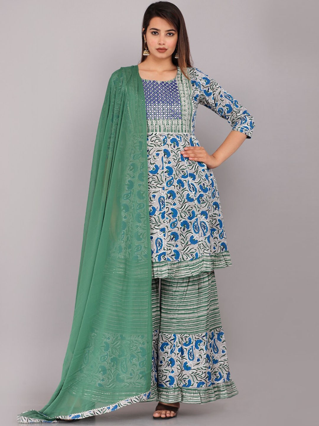 KALINI Floral Printed Mirror Work Anarkali Pure Cotton Kurta with Sharara & Dupatta, Grey
KALINI Floral Printed Mirror Work Anarkali Pure Cotton Kurta with Sharara & Dupatta, Grey
