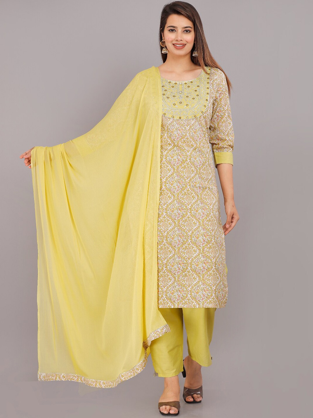 KALINI Floral Printed Mirror Work Pure Cotton Kurta with Trousers & Dupatta, Mustard
KALINI Floral Printed Mirror Work Pure Cotton Kurta with Trousers & Dupatta, Mustard