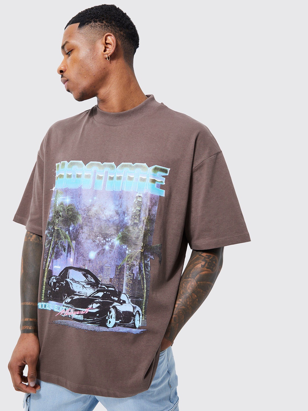 boohooMAN Printed Drop-Shoulder Sleeves Pure Cotton Oversized T-shirt, Mauve