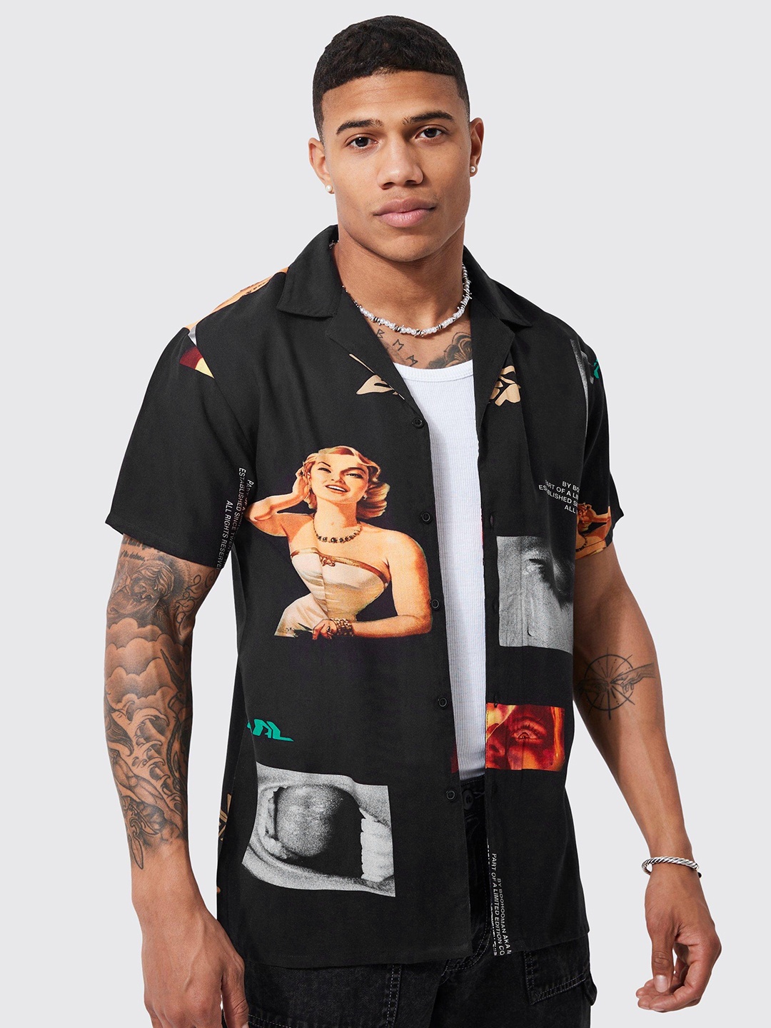 boohooMAN Printed Casual Shirt, Black