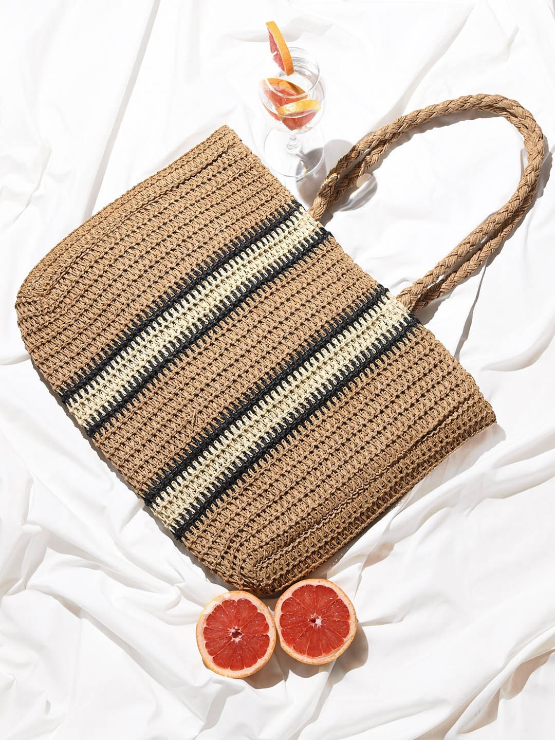 Accessorize London Women Faux Leather Double Stripe Beach Shopper Bag, Cream