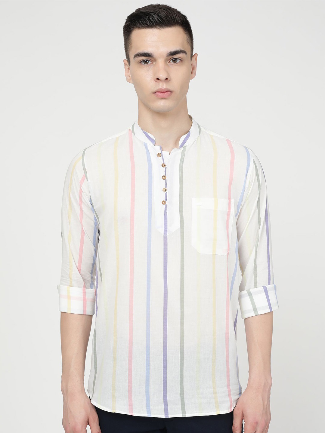FRENCH CROWN Vertical Striped Mandarin Collar Standard Cotton Casual Shirt, White
FRENCH CROWN Vertical Striped Mandarin Collar Standard Cotton Casual Shirt, White