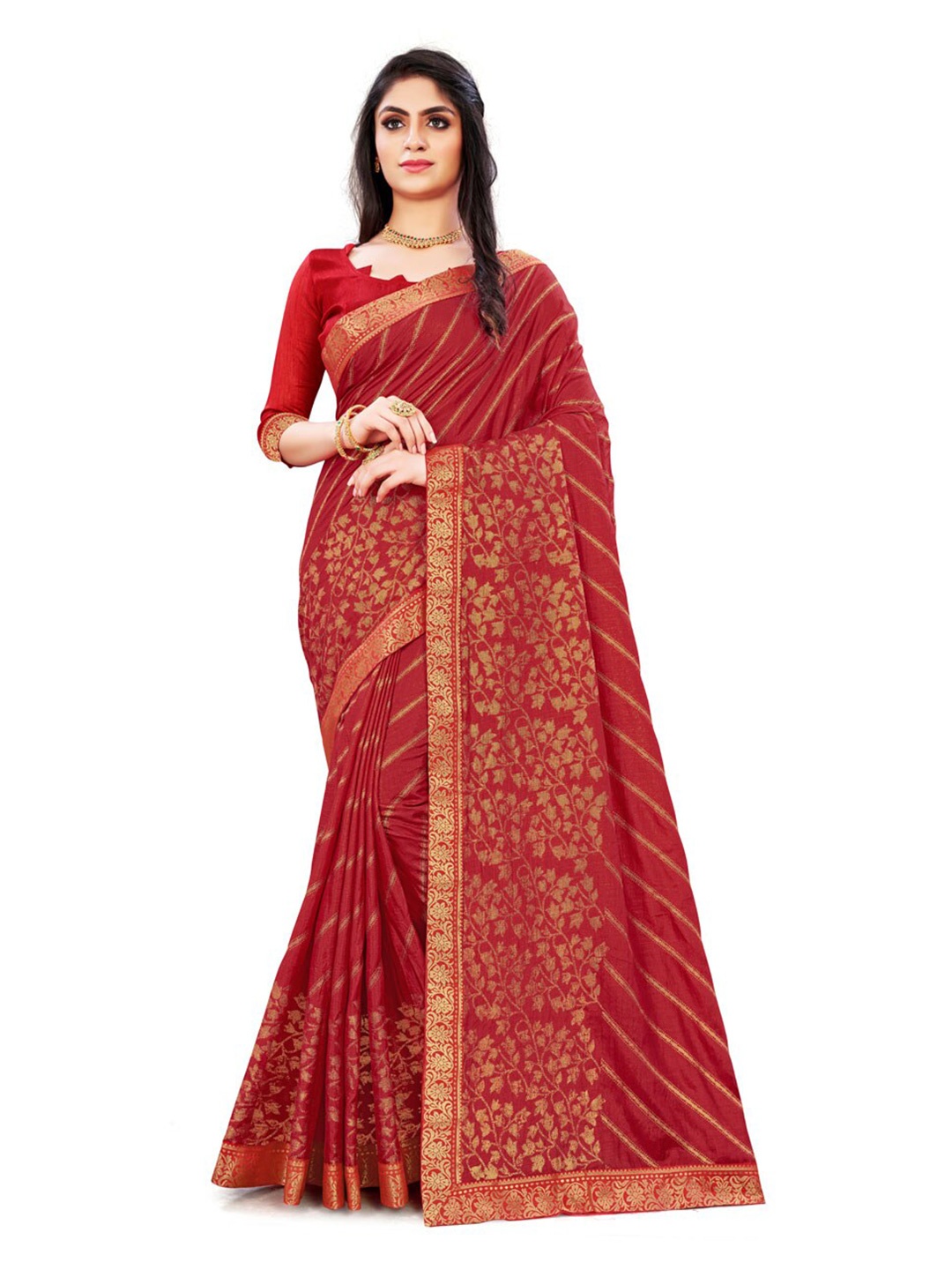 ZEEPKART Floral Woven Design Zari Saree, Red