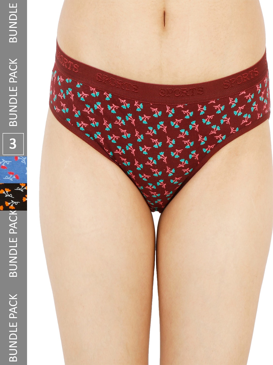 LADYLAND Women Pack Of 3 Floral Printed Cotton Hipster Briefs, Maroon