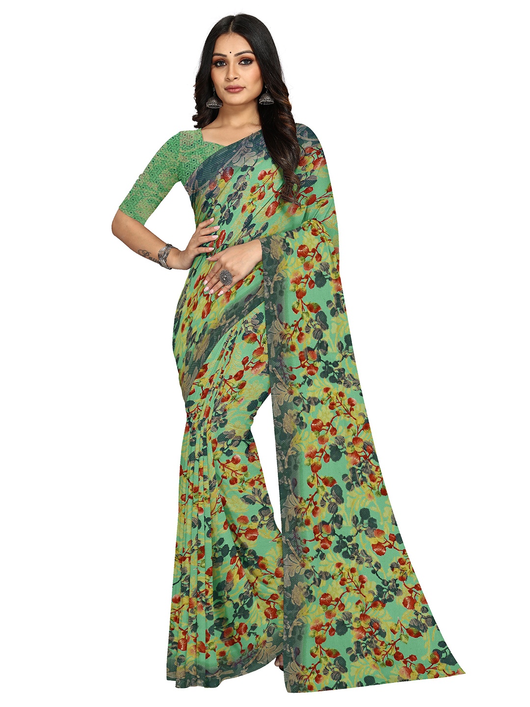 KALINI Bagh Floral Printed Saree, Sea green