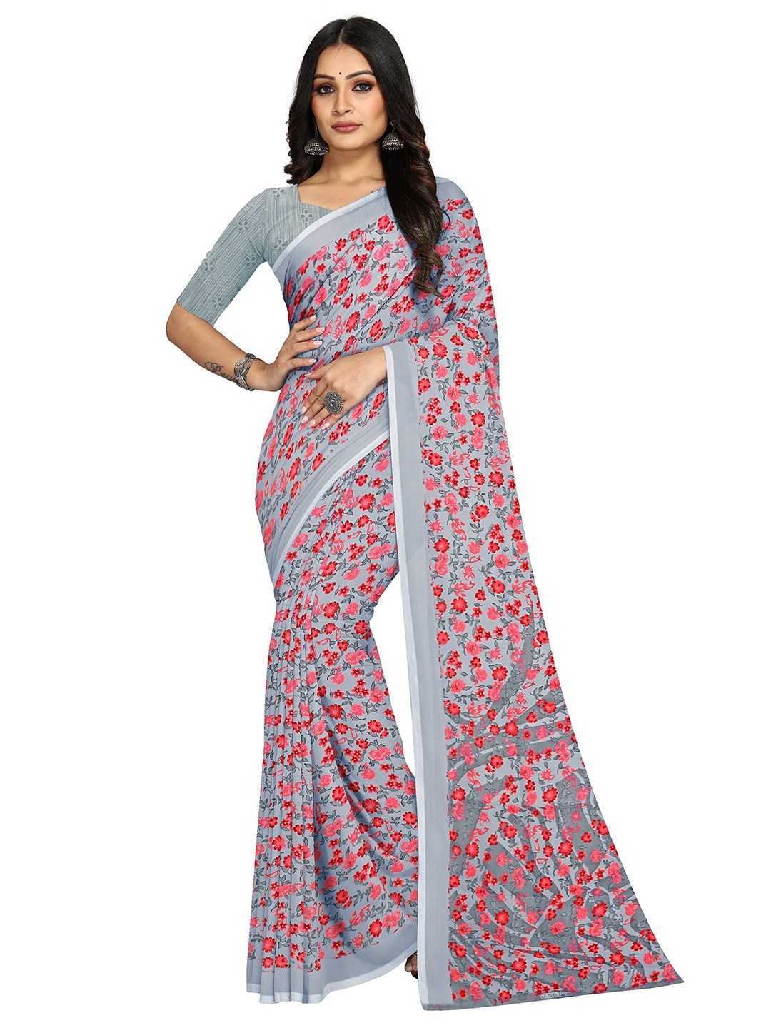 KALINI Bagh Floral Printed Saree, Grey