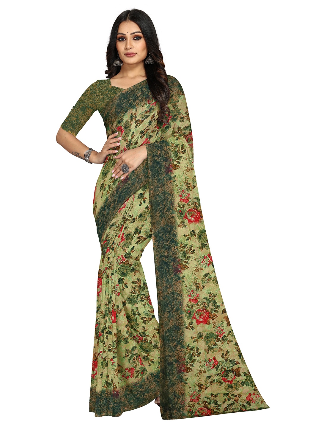 KALINI Bagh Floral Printed Saree, Green