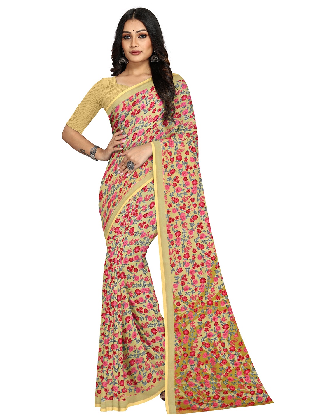 KALINI Bagh Floral Printed Saree, Beige
