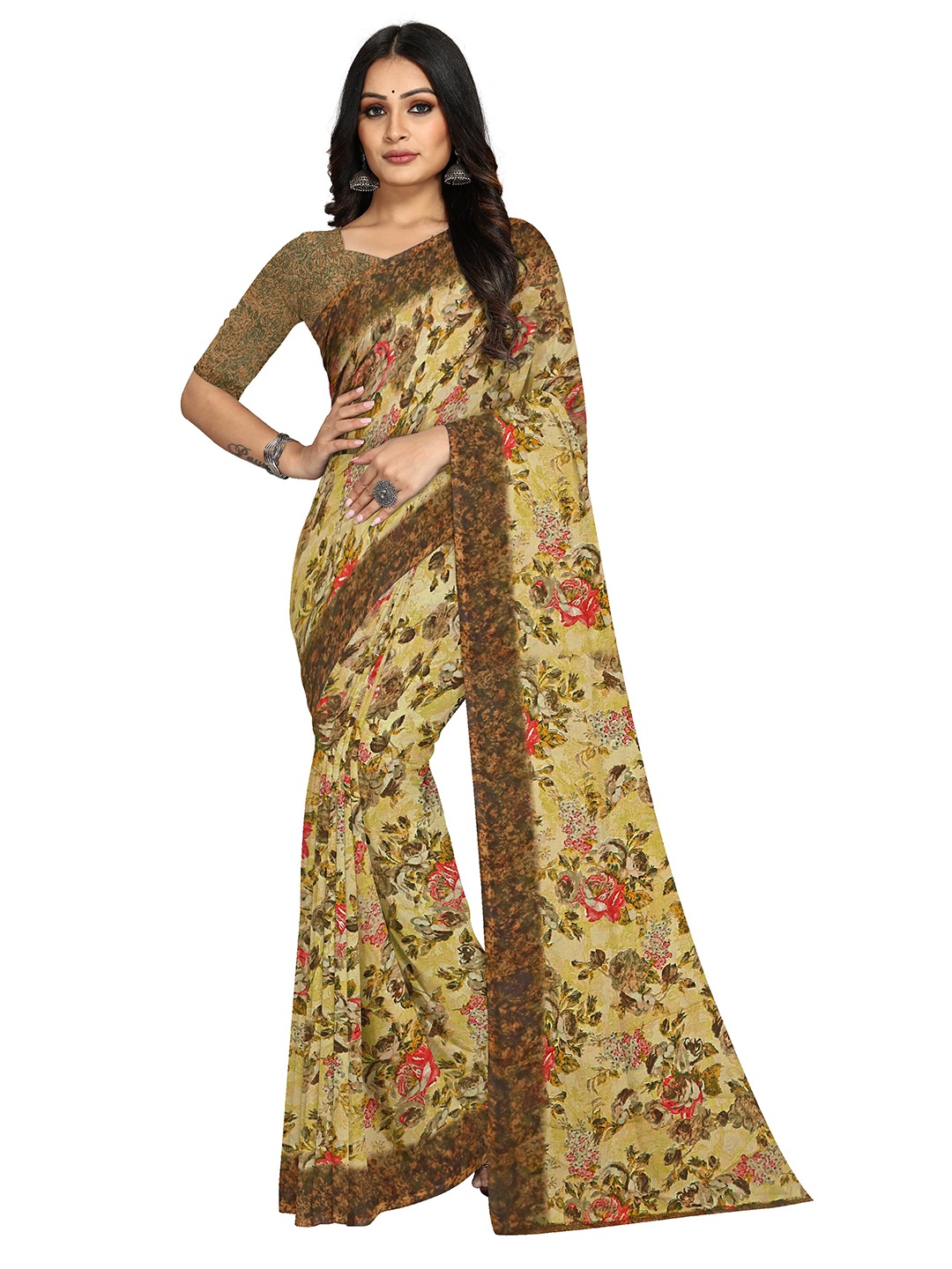 KALINI Bagh Floral Printed Saree, Beige