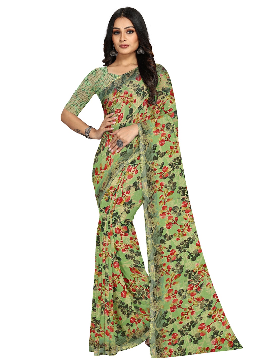 KALINI Floral Printed Bagh Saree, Green