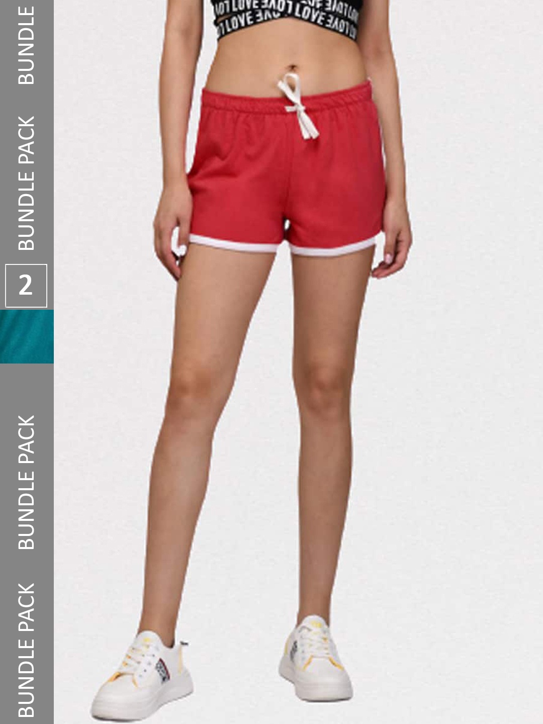 Kotty Pack of 2 Women Slim Fit Low-Rise Gym Cotton Shorts, Red