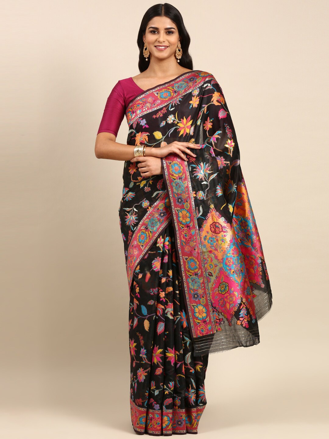 Anouk Floral Woven Design Zari Saree, Black