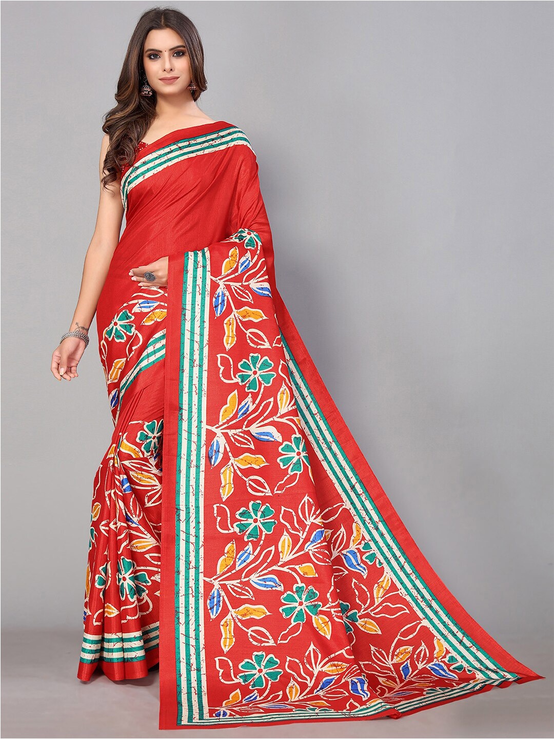 GORGONE Floral Printed Silk Blend Saree, Red
