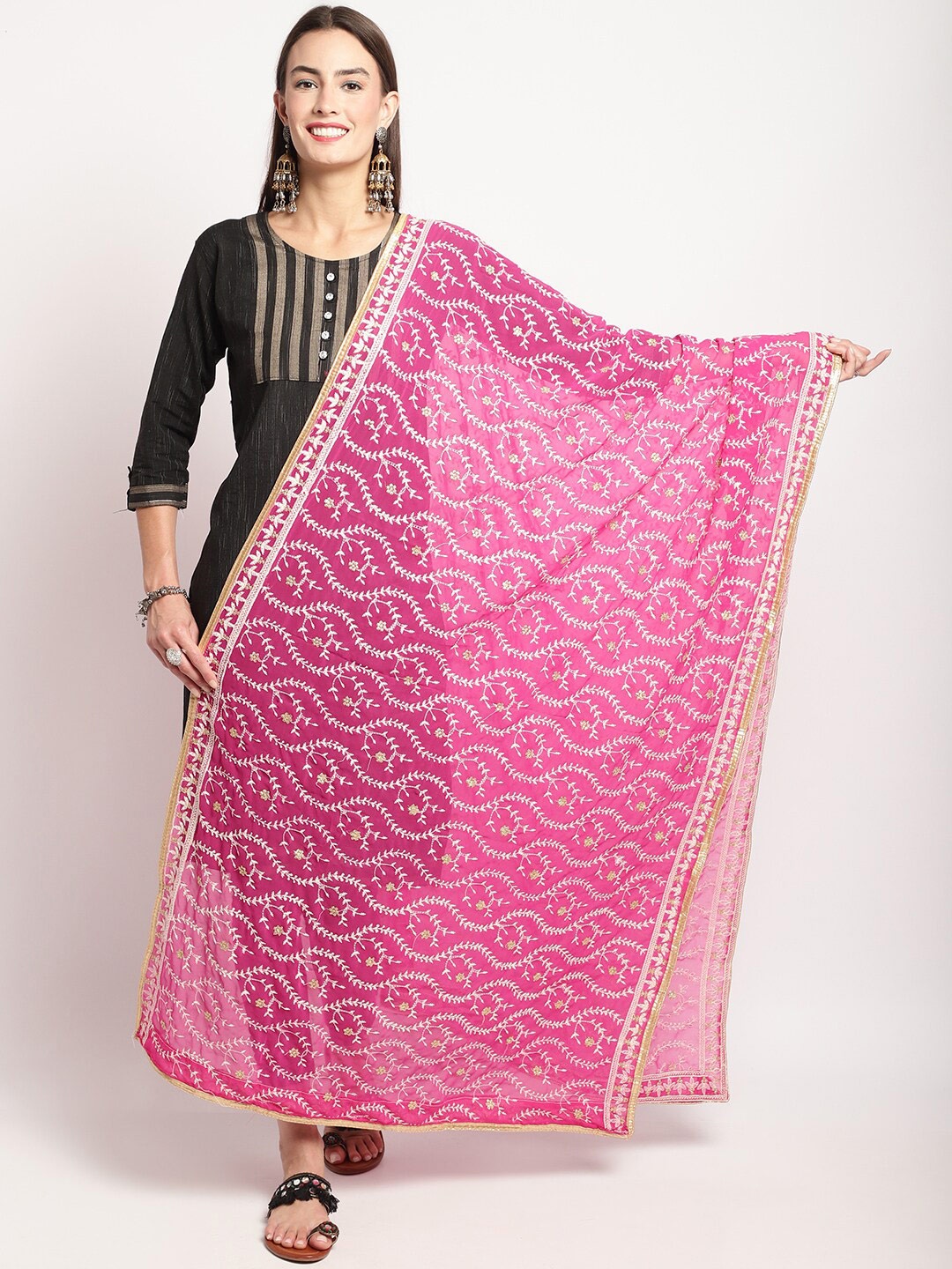 Miaz Lifestyle Silk Embroidered Dupatta, Pink