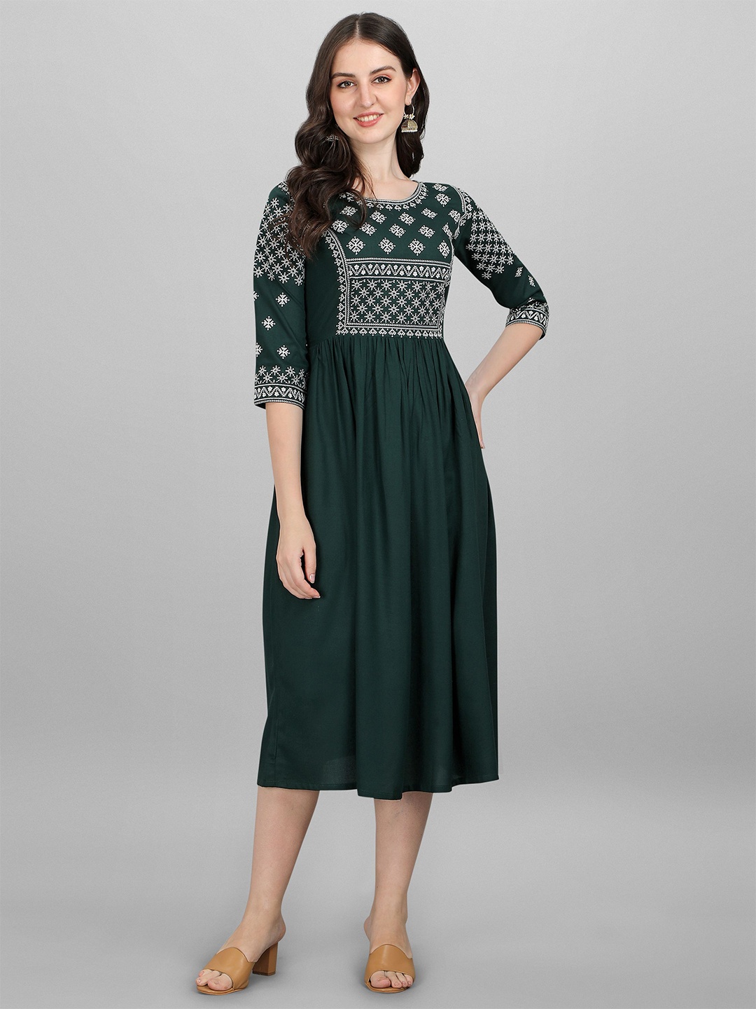 Shree Ramkrishna Fab Ethnic Motif Embroidered Gathered Fit & Flare Midi Ethnic Dress, Green
Shree Ramkrishna Fab Ethnic Motif Embroidered Gathered Fit & Flare Midi Ethnic Dress, Green
