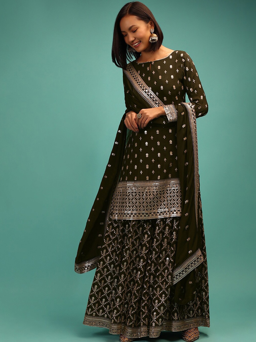 KALKI Fashion Ethnic Motifs Embroidered Sequined Georgett Kurta with Sharara & Dupatta, Green
KALKI Fashion Ethnic Motifs Embroidered Sequined Georgett Kurta with Sharara & Dupatta, Green