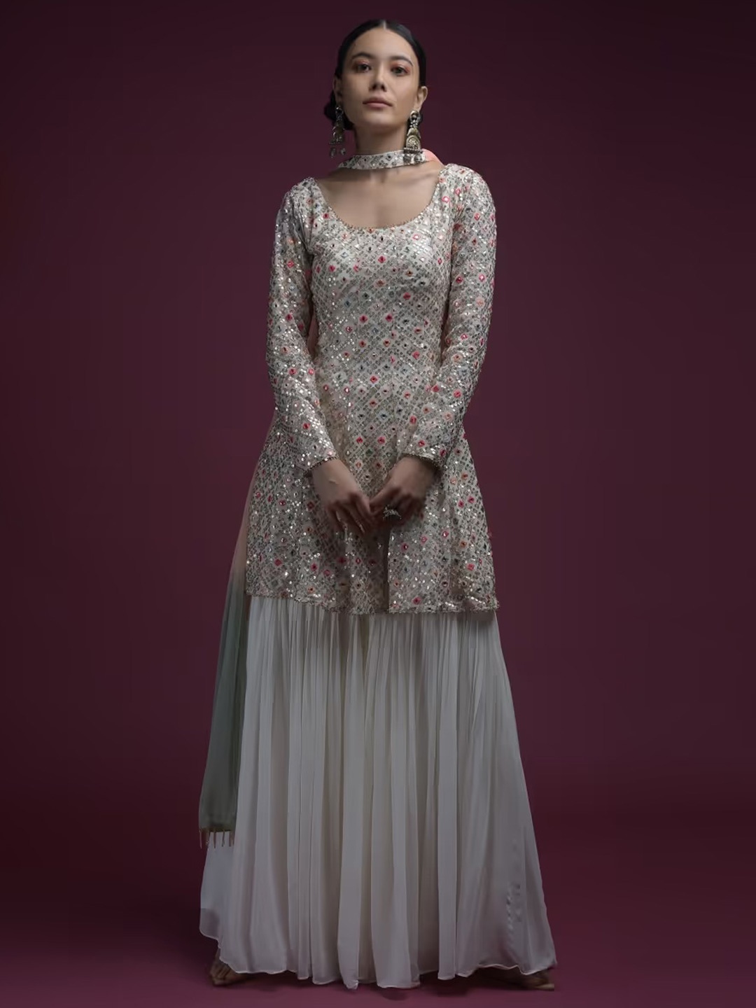 KALKI Fashion Geomteric Embroidered Mirror Work Georgette Kurti with Sharara & Dupatta, Off white
KALKI Fashion Geomteric Embroidered Mirror Work Georgette Kurti with Sharara & Dupatta, Off white