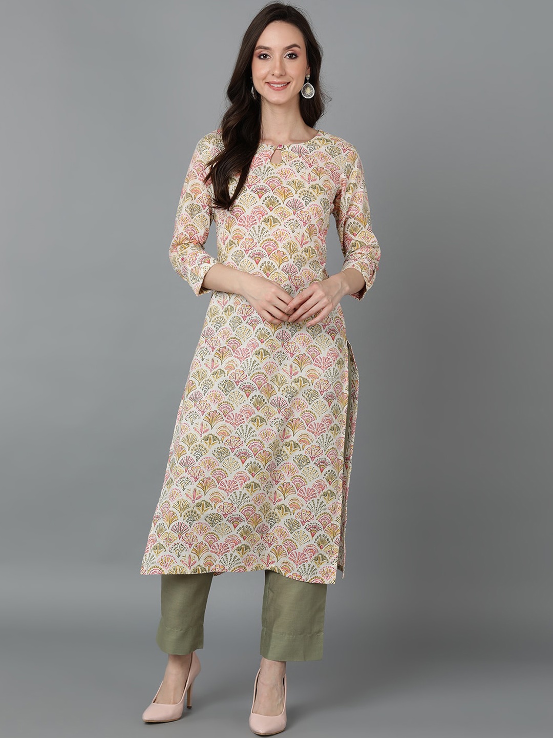 AHIKA Keyhole Neck Floral Printed Straight Cotton Kurta, Off white