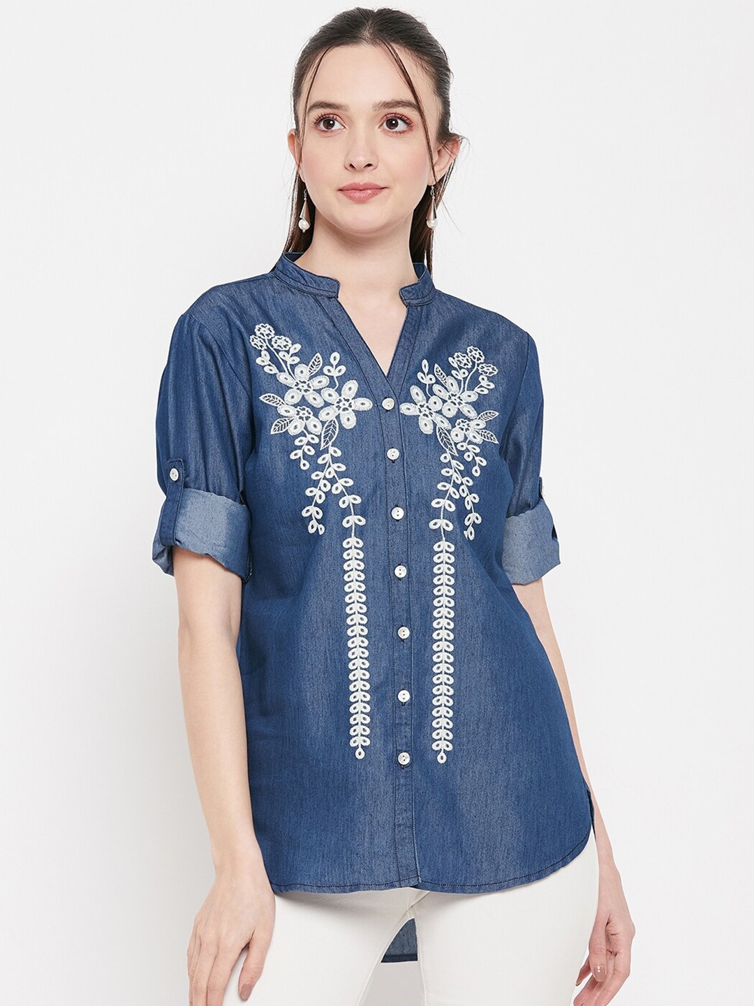 Ruhaans Floral Embroidered Notched Neck Roll Up Sleeves High Low Denim Shirt Style Top, Blue
Ruhaans Floral Embroidered Notched Neck Roll Up Sleeves High Low Denim Shirt Style Top, Blue
