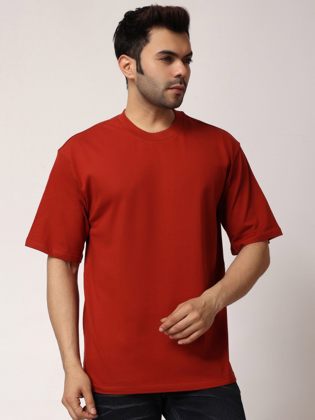 The Label Bar Men Cotton Round Neck Loose T-shirt, Rust