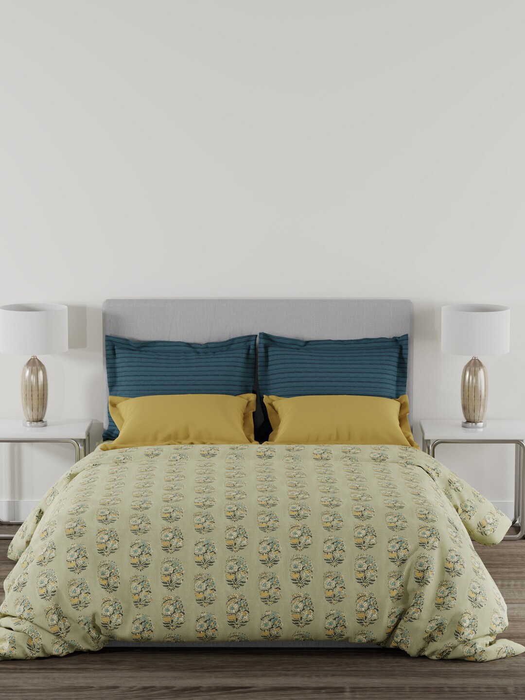 MYTRIDENT Home Essential Beige Teal Floral 144 TC Cotton King Bedsheet 2 Pillow Covers
MYTRIDENT Home Essential Beige Teal Floral 144 TC Cotton King Bedsheet 2 Pillow Covers