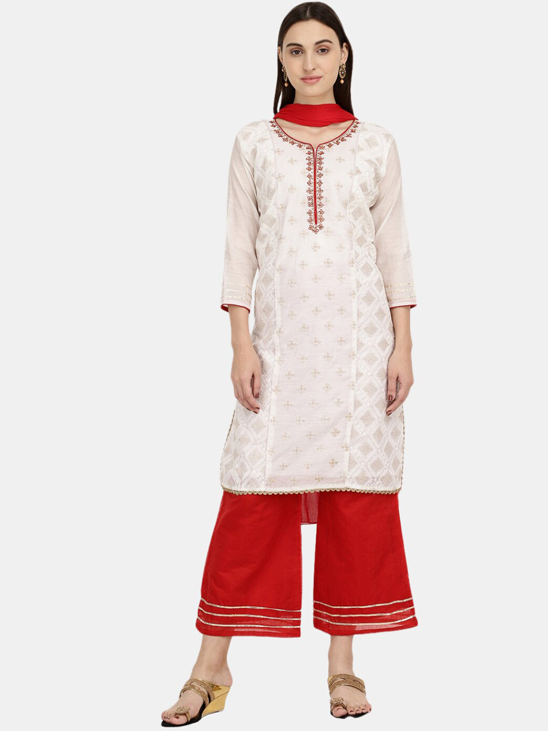 V-Mart Ethnic Motifs Embroidered Regular Pure Cotton Kurta with Palazzos & Dupatta, Off white
V-Mart Ethnic Motifs Embroidered Regular Pure Cotton Kurta with Palazzos & Dupatta, Off white