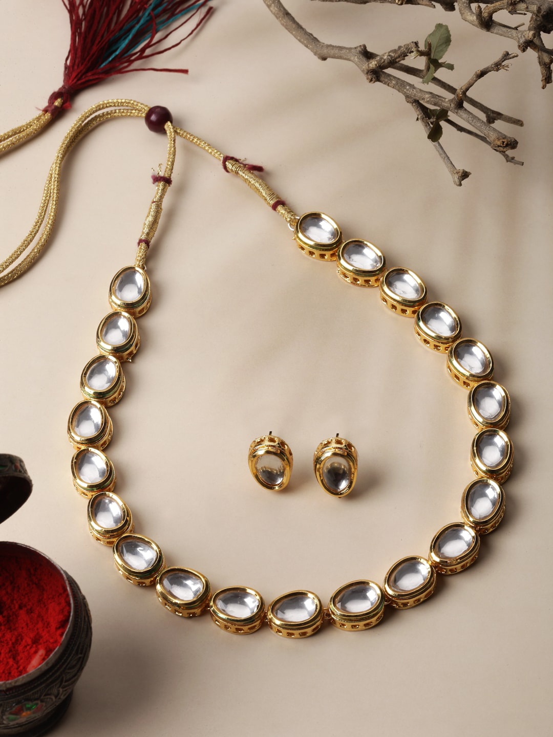 ZENEME Gold-Plated Kundan-Studded Jewellery Set, White