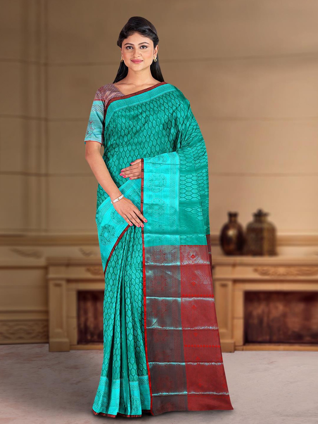 Kalamandir Ethinic Woven Design Zari Saree, Green