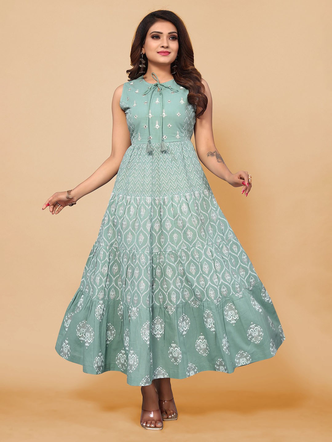 KALINI Ethnic Motif Embroidered Tiered Pure Cotton Fit & Flare Ethnic Dress, Sea green
KALINI Ethnic Motif Embroidered Tiered Pure Cotton Fit & Flare Ethnic Dress, Sea green