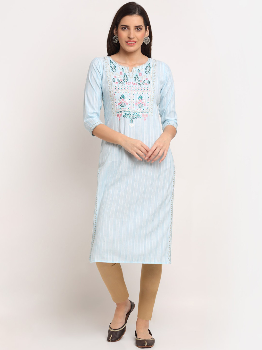 Lovely Lady Striped Notched Neck Regular Thread Work Kurta, Blue 
Lovely Lady Striped Notched Neck Regular Thread Work Kurta, Blue