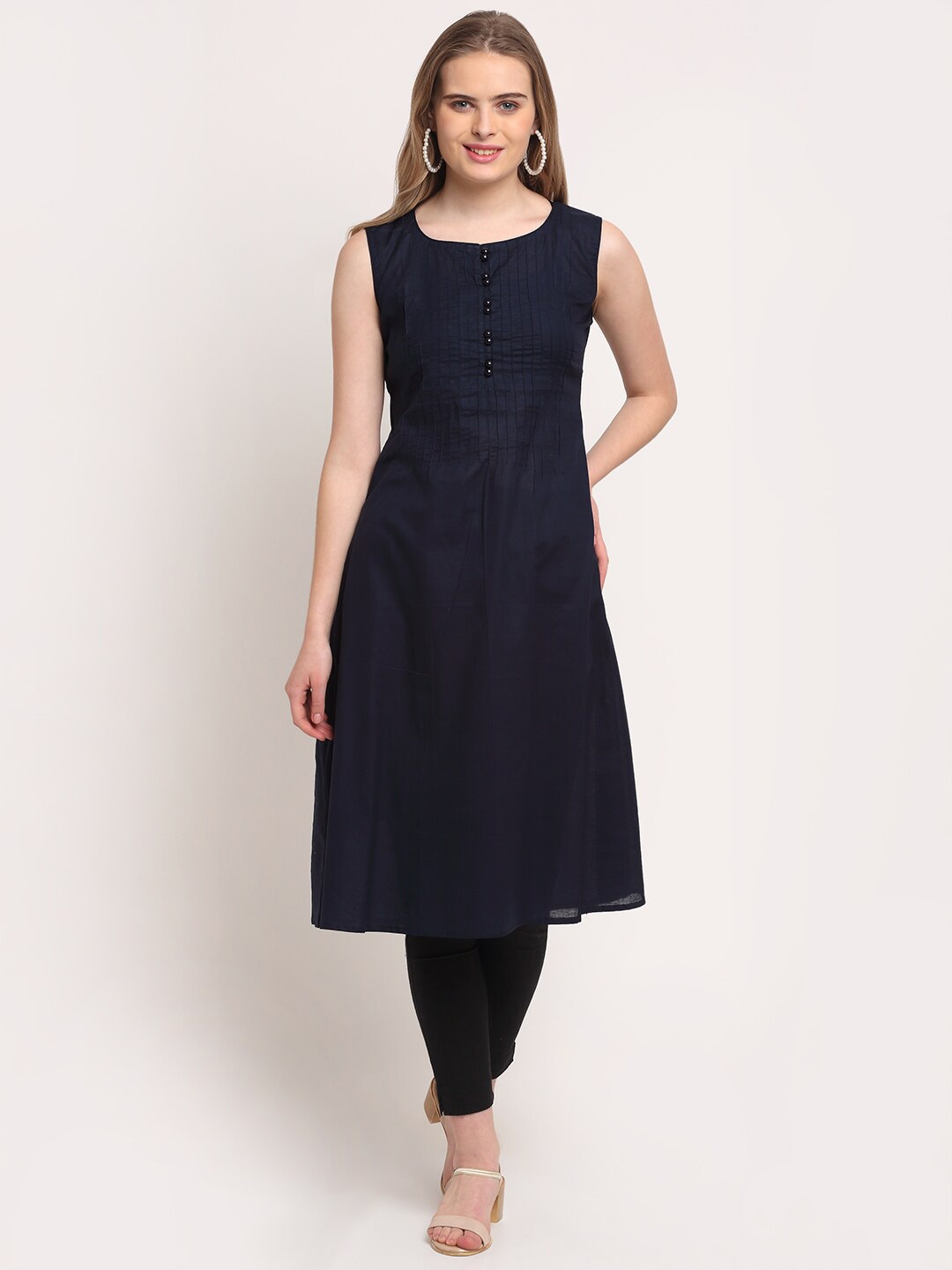 Lovely Lady Boat Neck Sleeveless A-Line Kurta, Navy blue