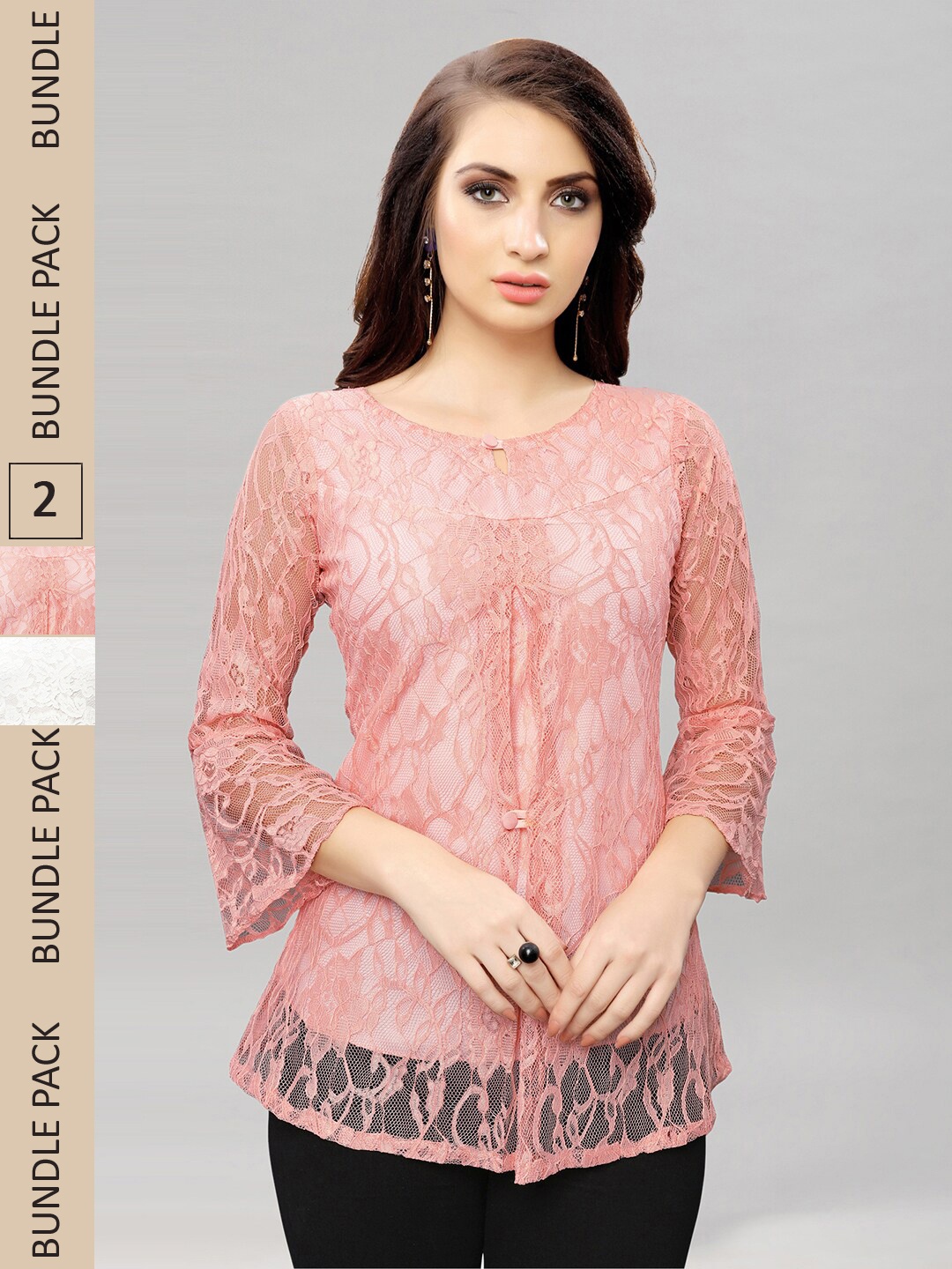 Selvia Pack of 2 Self Design Net Tops, Peach