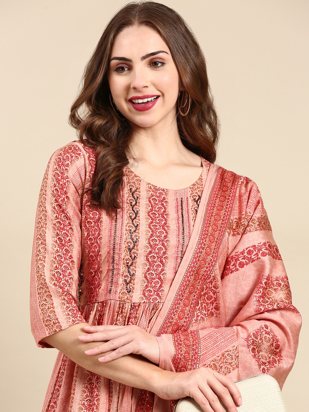 SHOWOFF Ethnic Motifs Printed Beads and Stones Dupion Silk Kurta with Trousers & Dupatta, Peach
SHOWOFF Ethnic Motifs Printed Beads and Stones Dupion Silk Kurta with Trousers & Dupatta, Peach