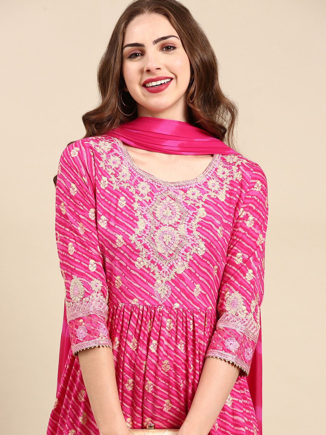 SHOWOFF Leheriya Printed Zari A-Line Kurta with Trousers & Dupatta, Pink 
SHOWOFF Leheriya Printed Zari A-Line Kurta with Trousers & Dupatta, Pink