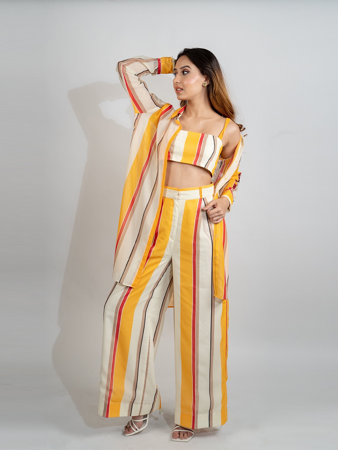 POPPI Striped Shoulder Straps Smocked Crop Top, Yellow