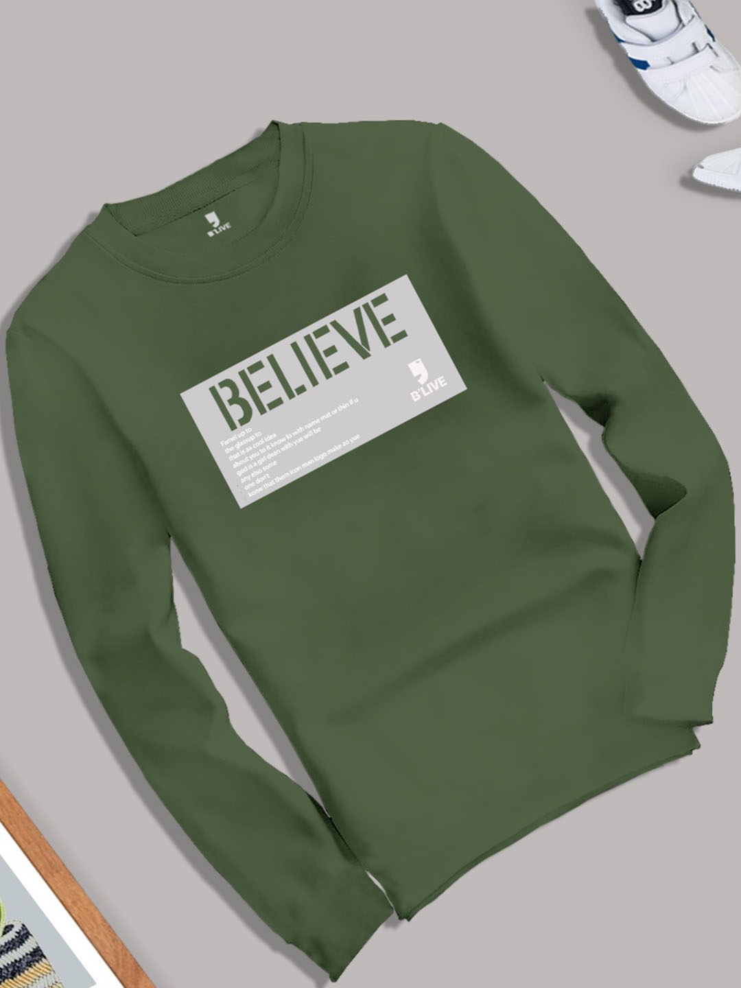 BLIVE Boys Typography Printed Long Sleeves T-shirt, Green