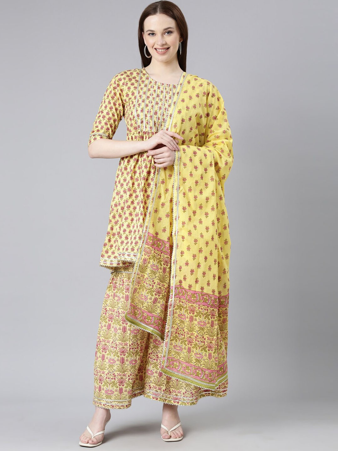 ERISHA Floral Printed Gotta Patti A-Line Pure Cotton Kurta with Sharara & Dupatta, Yellow
ERISHA Floral Printed Gotta Patti A-Line Pure Cotton Kurta with Sharara & Dupatta, Yellow