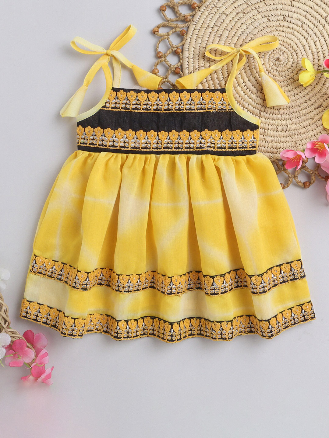 MANY FROCKS & Infant Girls Floral Embroidered Pure Cotton Fit & Flare Dress, Yellow 
MANY FROCKS & Infant Girls Floral Embroidered Pure Cotton Fit & Flare Dress, Yellow