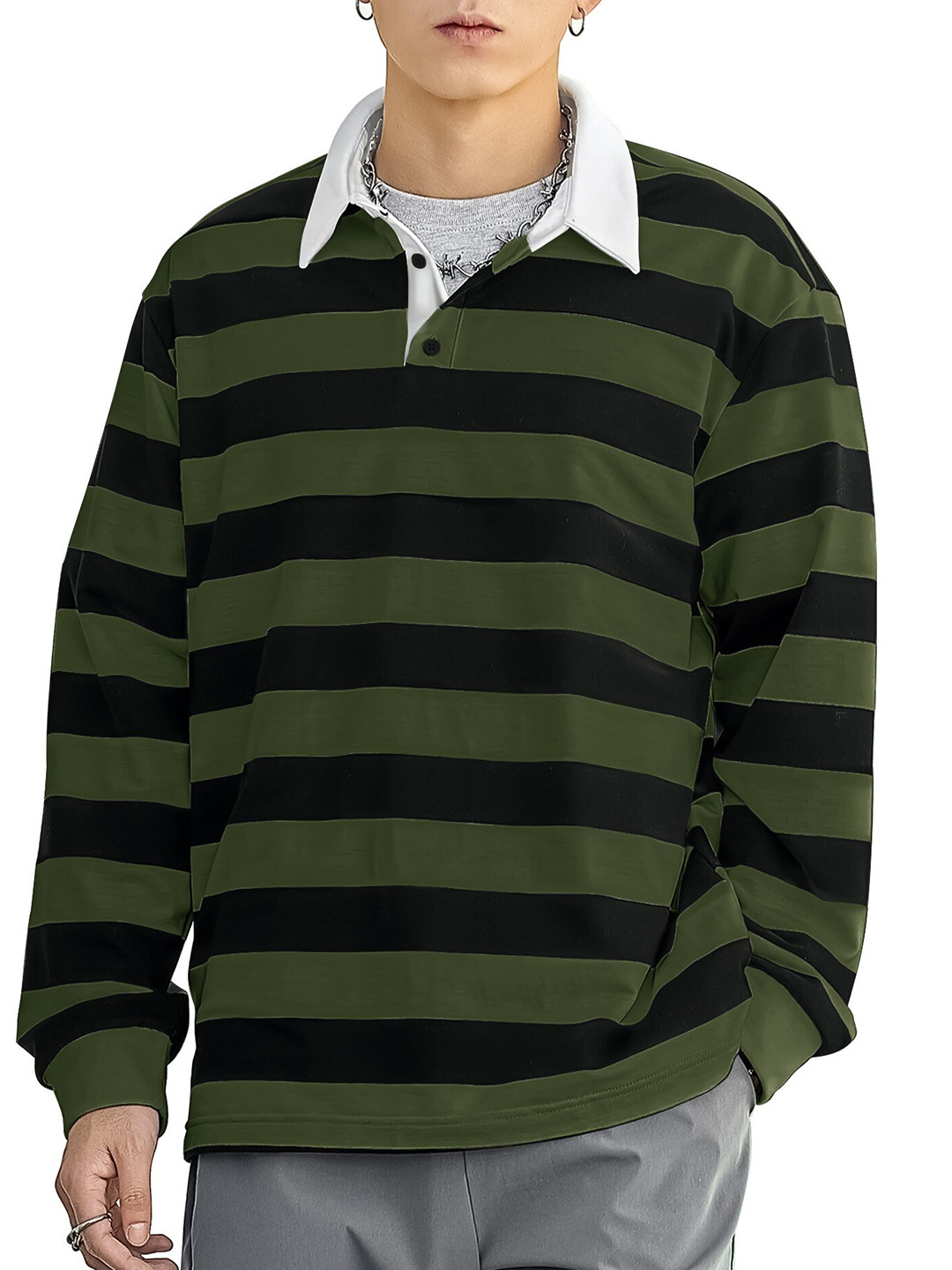 JUMPCUTS Striped Polo Collar Boxy Fit T-shirt, Olive
JUMPCUTS Striped Polo Collar Boxy Fit T-shirt, Olive
