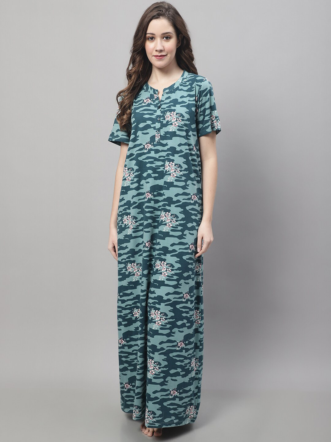 Kanvin Brown Floral Printed Pure Cotton Maxi Nightdress, Green 
Kanvin Brown Floral Printed Pure Cotton Maxi Nightdress, Green