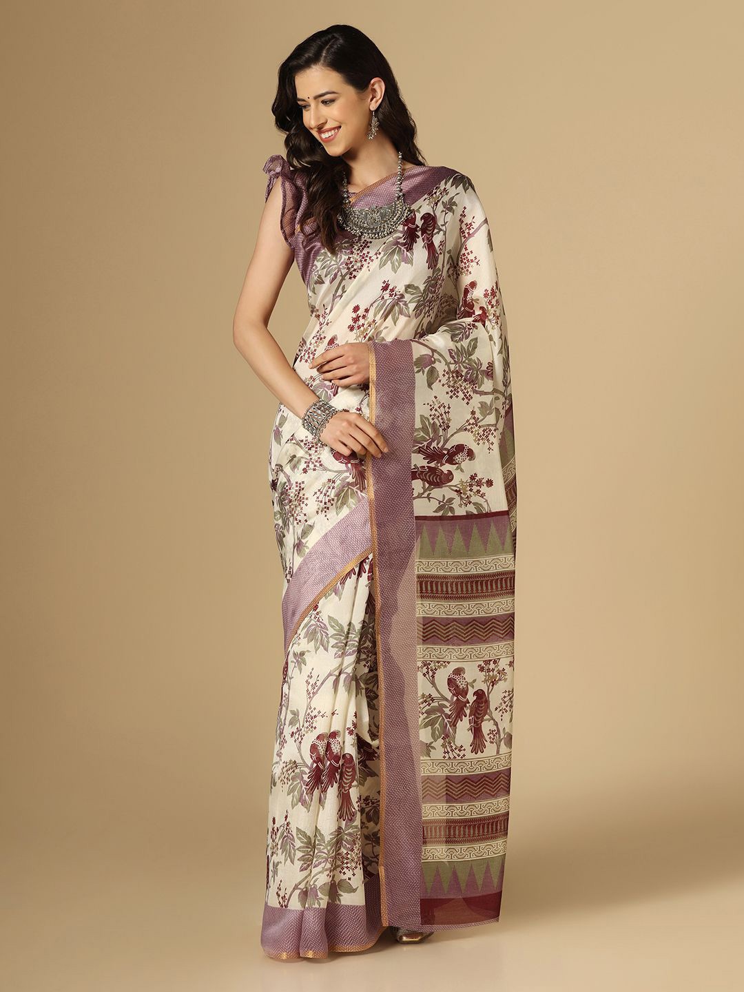KALINI Floral Printed Saree, Off white