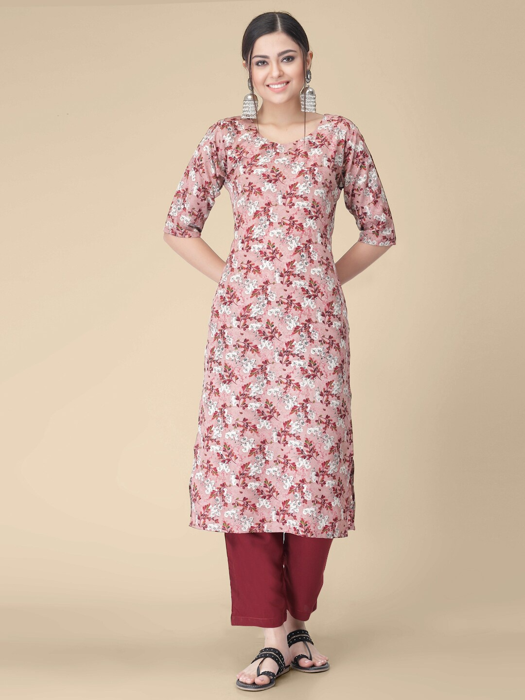 KALINI Floral Printed Straight Kurta With Trousers, Pink