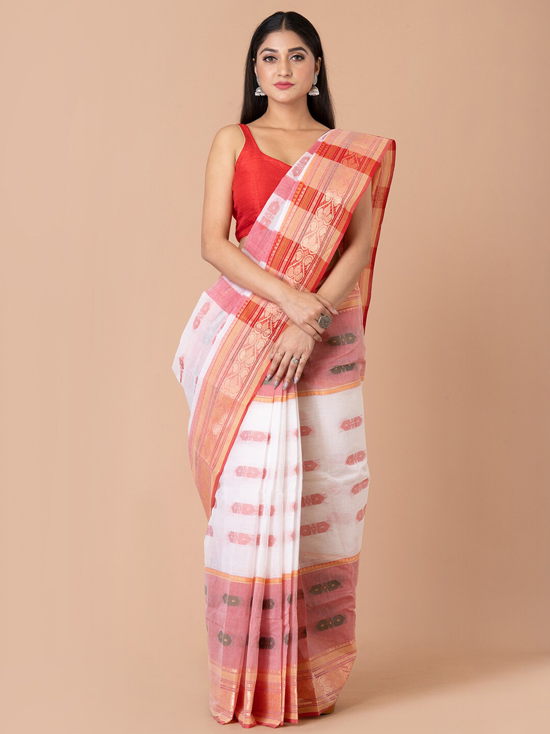 Laa Calcutta Ethnic Motif Woven Design Zari Pure Cotton Taant Saree, White
Laa Calcutta Ethnic Motif Woven Design Zari Pure Cotton Taant Saree, White