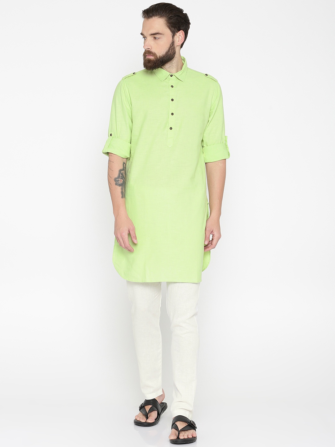 Freehand Men Green & Off-White Solid Kurta with Pyjamas