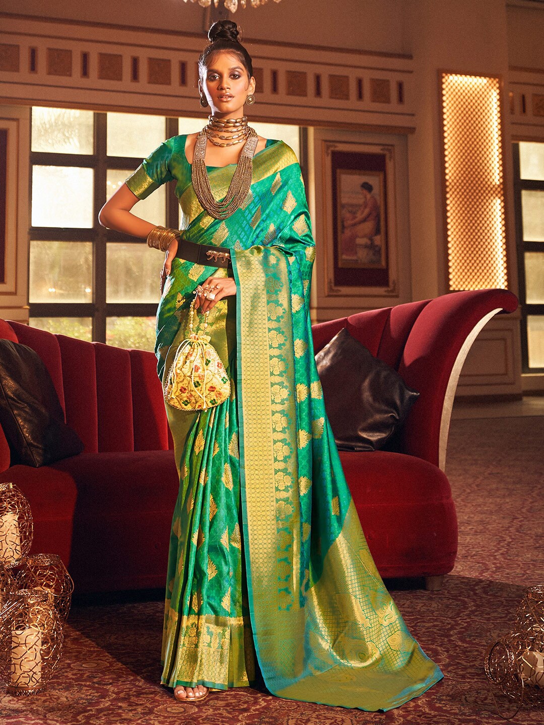 KARAGIRI Woven Design Zari Silk Blend Saree, Green