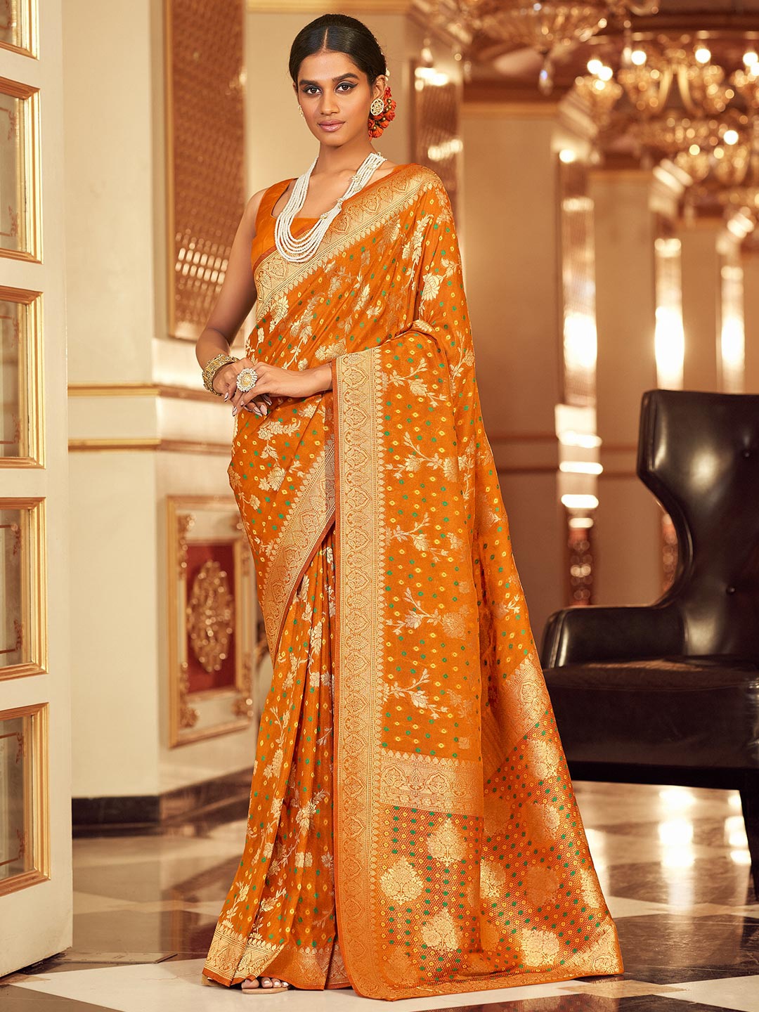KARAGIRI Floral Woven Design Zari Chiffon Saree, Orange