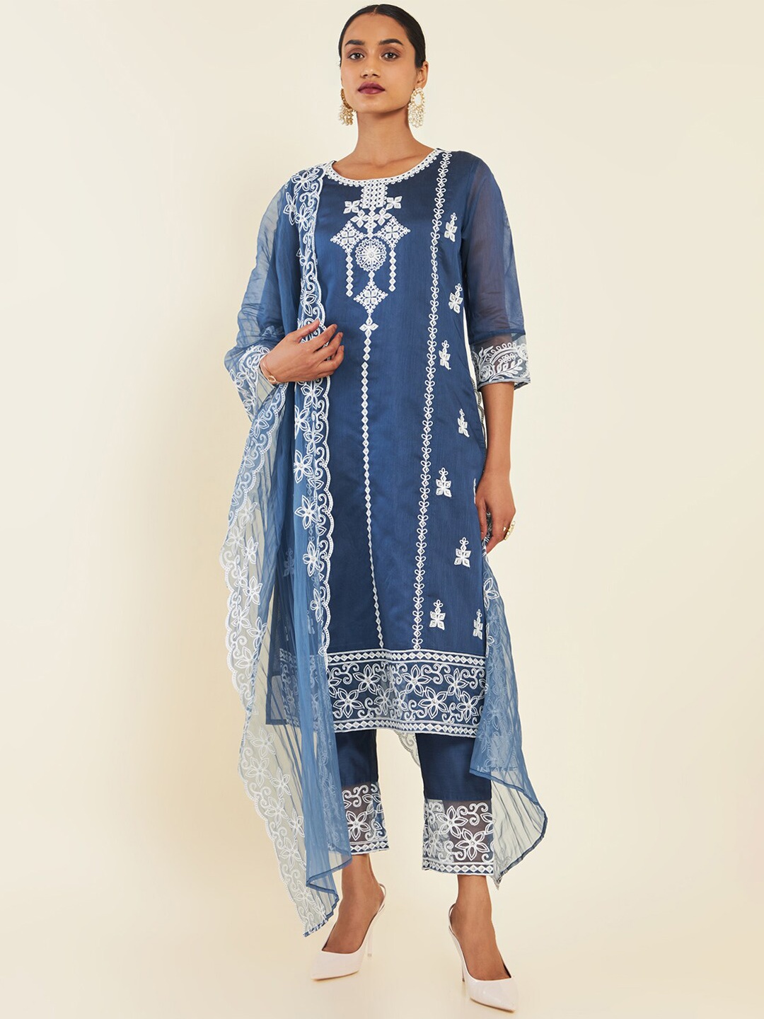 Soch Floral Embroidered Thread Work Chanderi Silk Kurta With Trousers & Dupatta, Blue
Soch Floral Embroidered Thread Work Chanderi Silk Kurta With Trousers & Dupatta, Blue