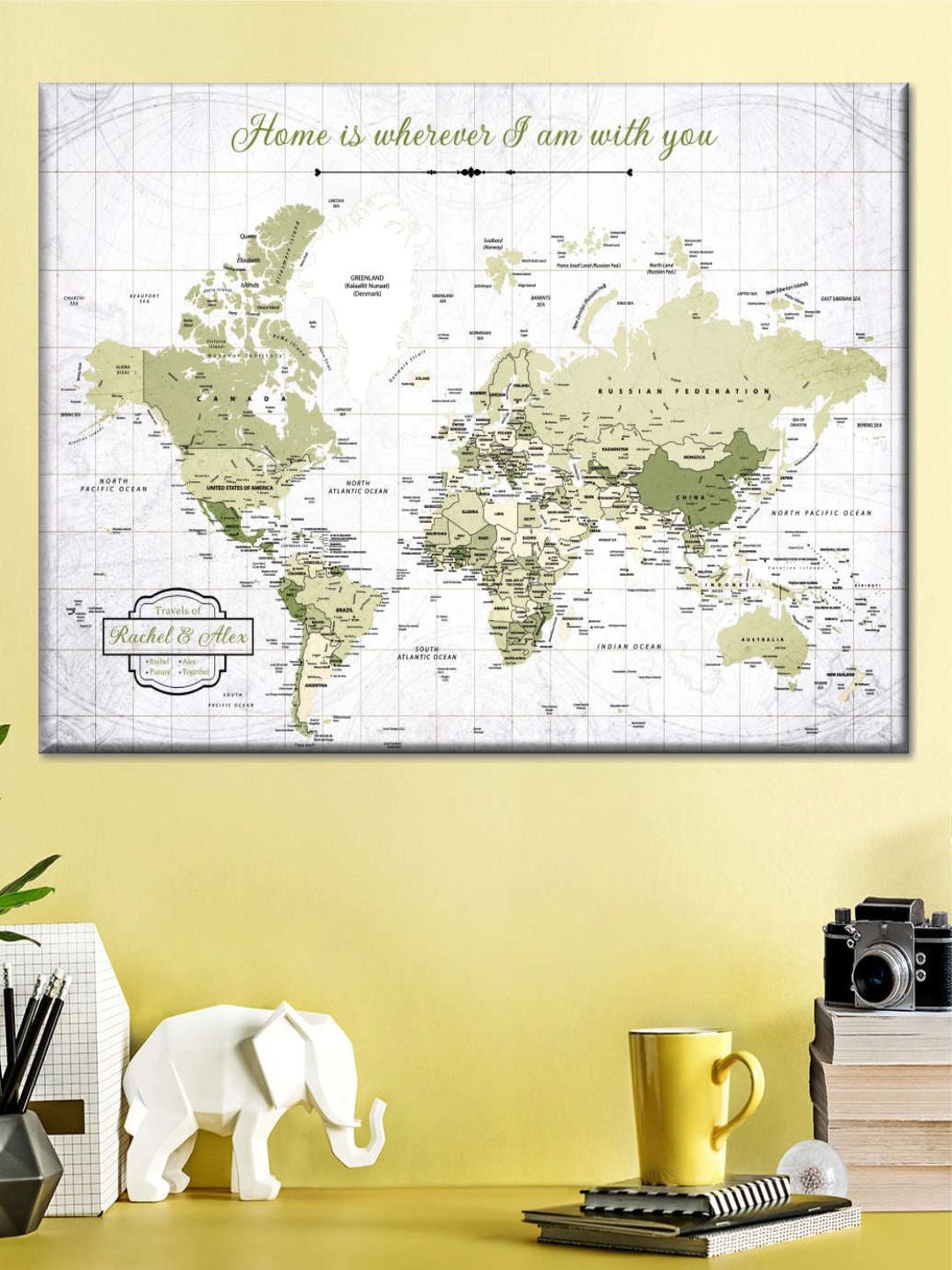 POSTERS AND TRUSS White & Green World Map Wall Art